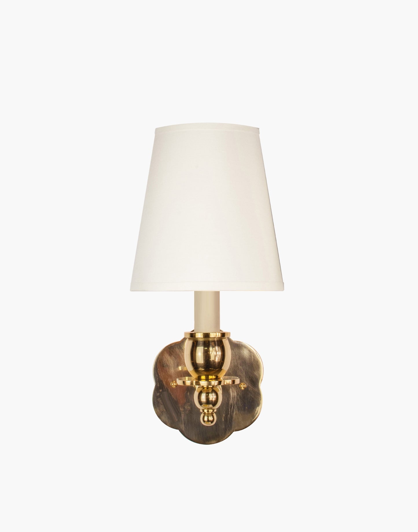 Polished Lacquered Finish, D6 White Shade India Rose Sconce: Solid brass petal design. Transitional style for contemporary or traditional spaces.