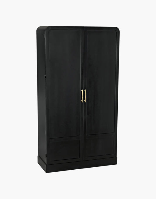 Matte black iron hutch with brass hardware and three open shelves for modern storage and display.