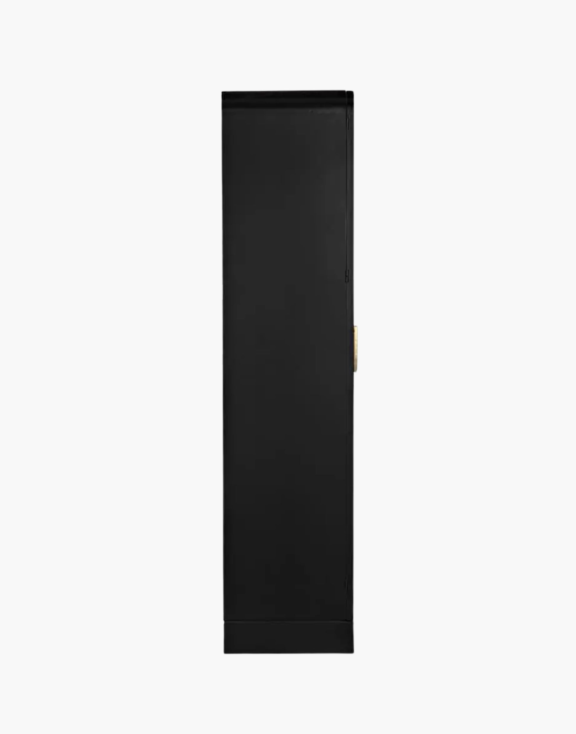 Matte black iron hutch with brass hardware and three open shelves for modern storage and display.