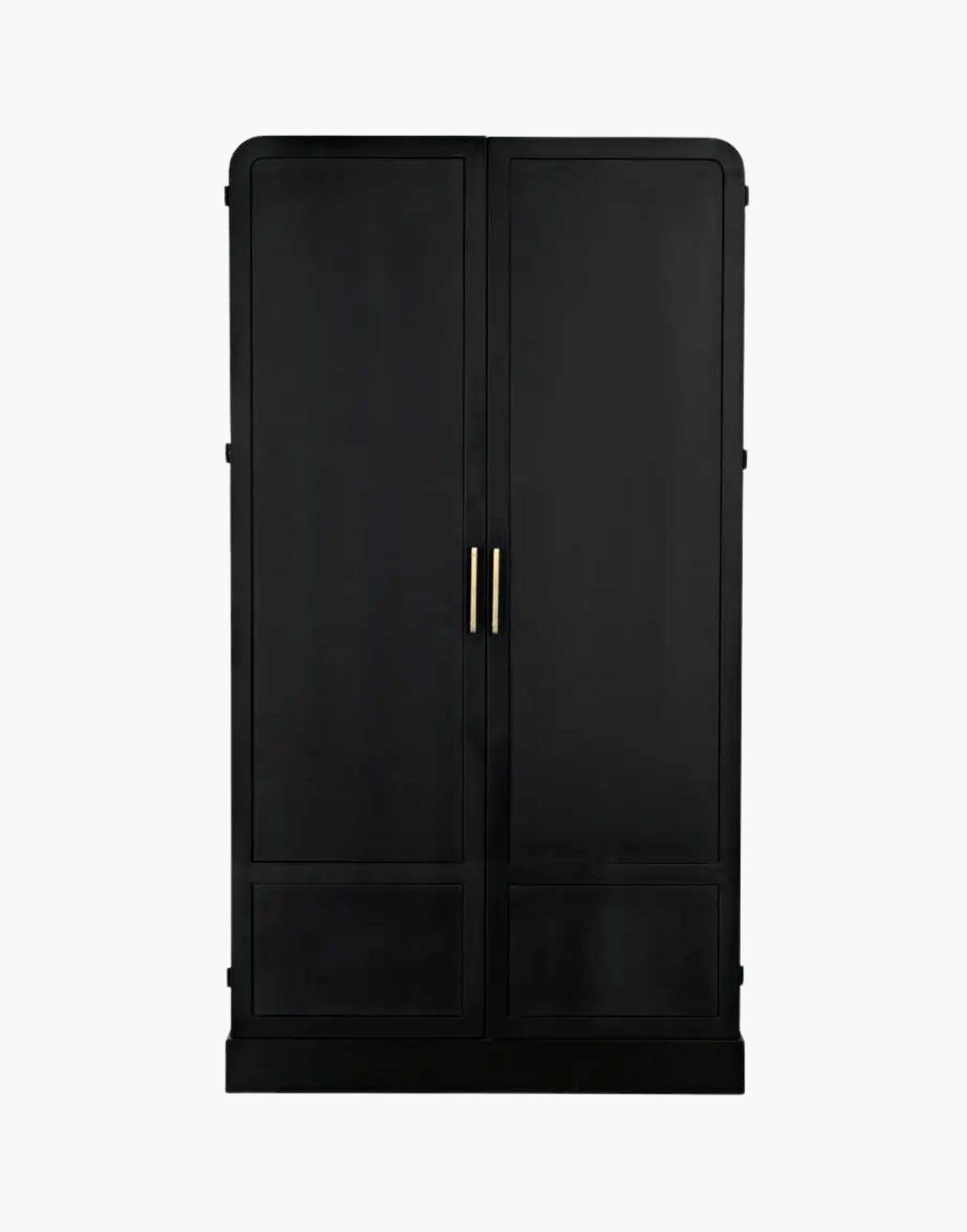 Matte black iron hutch with brass hardware and three open shelves for modern storage and display.