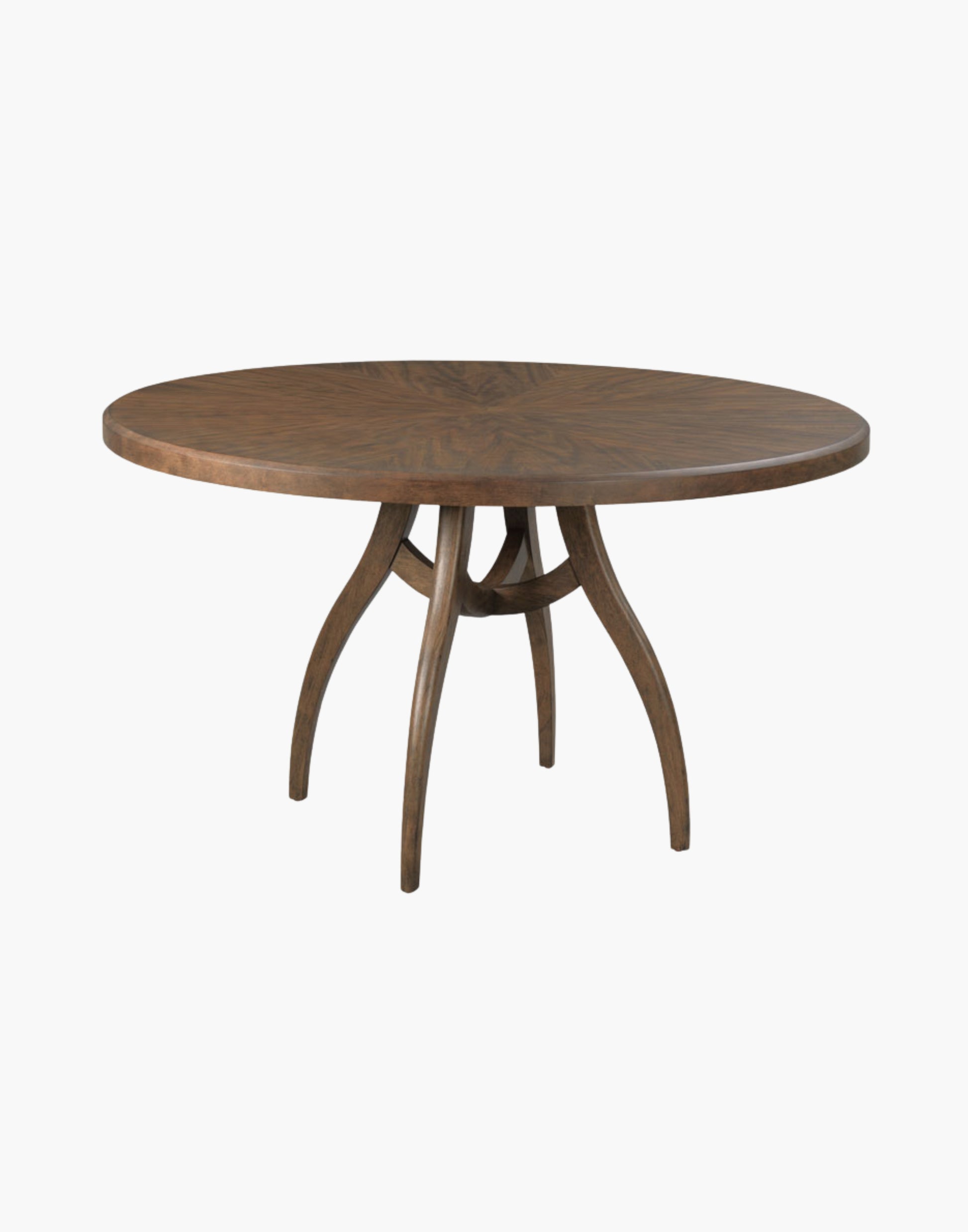 Round dining table with walnut sunburst veneer top and curved pedestal base in Laurel finish.