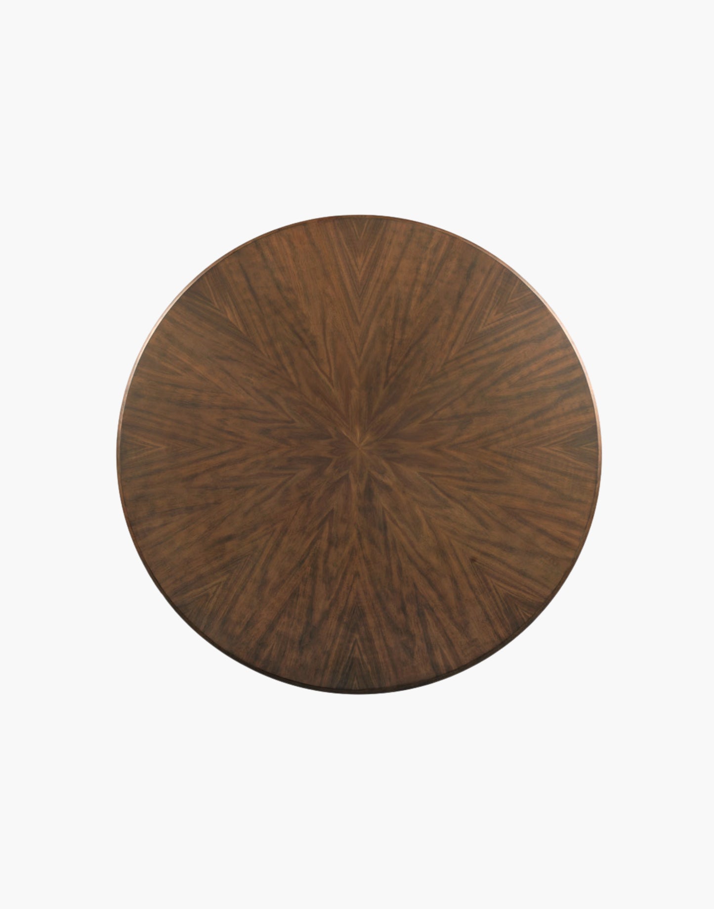 Round dining table with walnut sunburst veneer top and curved pedestal base in Laurel finish.