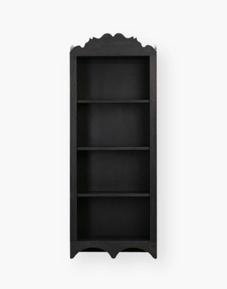 Black bookcase with 4 open adjustable shelvings made of solid oak with subtle distressed finished in black and an intricate 19th century inspired design at the top of bookcase and arch shaped bracket base
