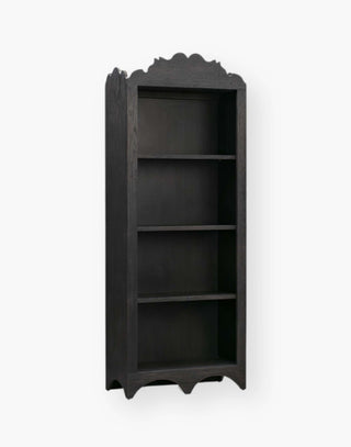 Black bookcase with 4 open adjustable shelvings made of solid oak with subtle distressed finished in black and an intricate 19th century inspired design at the top of bookcase and arch shaped bracket base