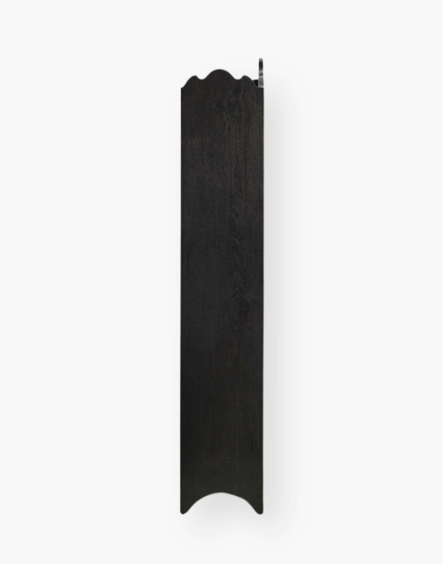 Black bookcase with 4 open adjustable shelvings made of solid oak with subtle distressed finished in black and an intricate 19th century inspired design at the top of bookcase and arch shaped bracket base