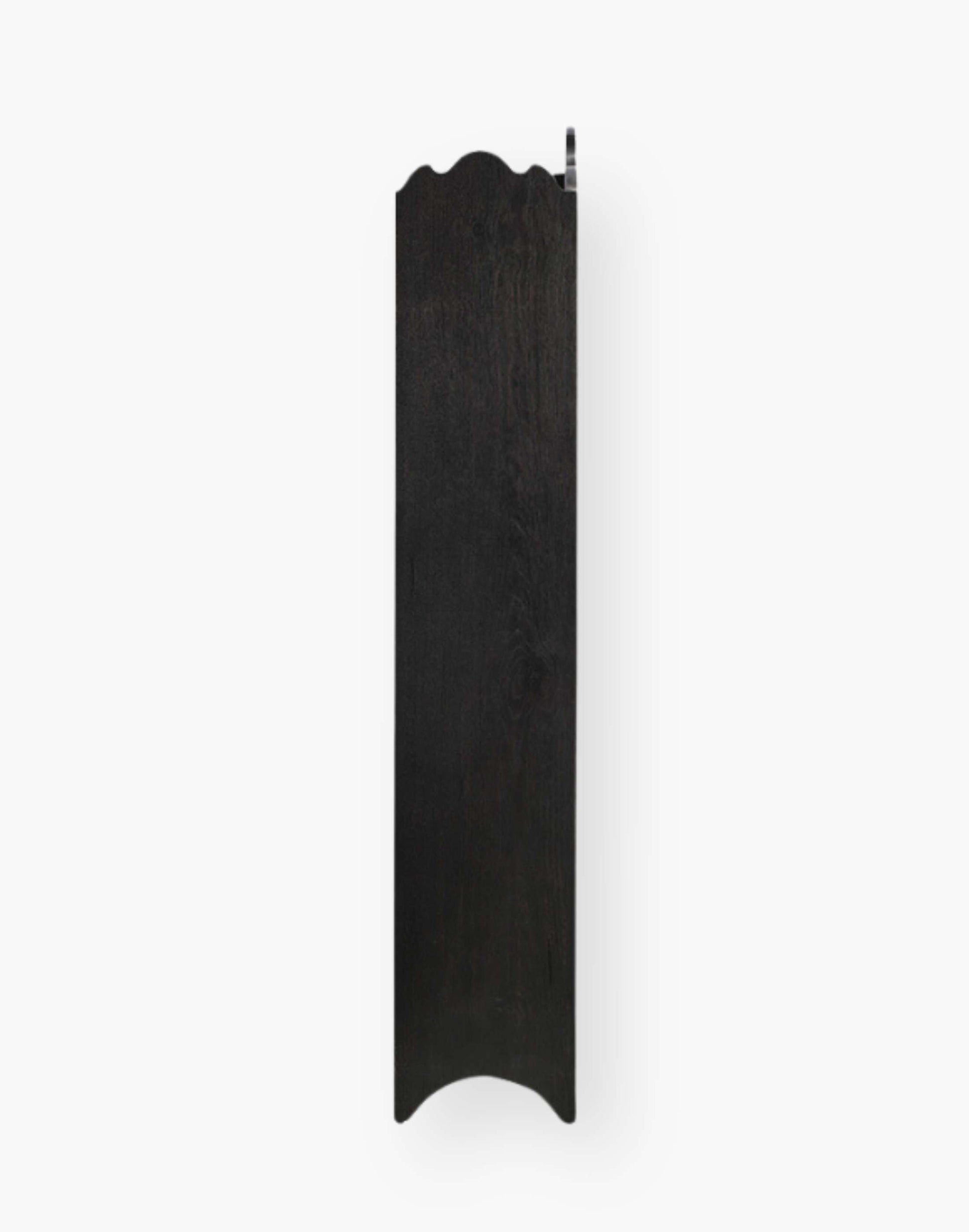 Black bookcase with 4 open adjustable shelvings made of solid oak with subtle distressed finished in black and an intricate 19th century inspired design at the top of bookcase and arch shaped bracket base