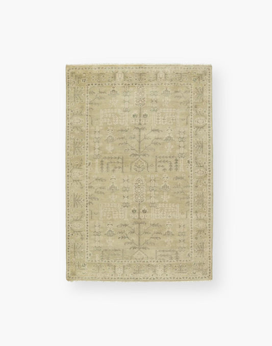 Neutral Timberland Rug - Green-Gray & Cream Hues, Vintage Motifs. Transitional Statement for Your Space.