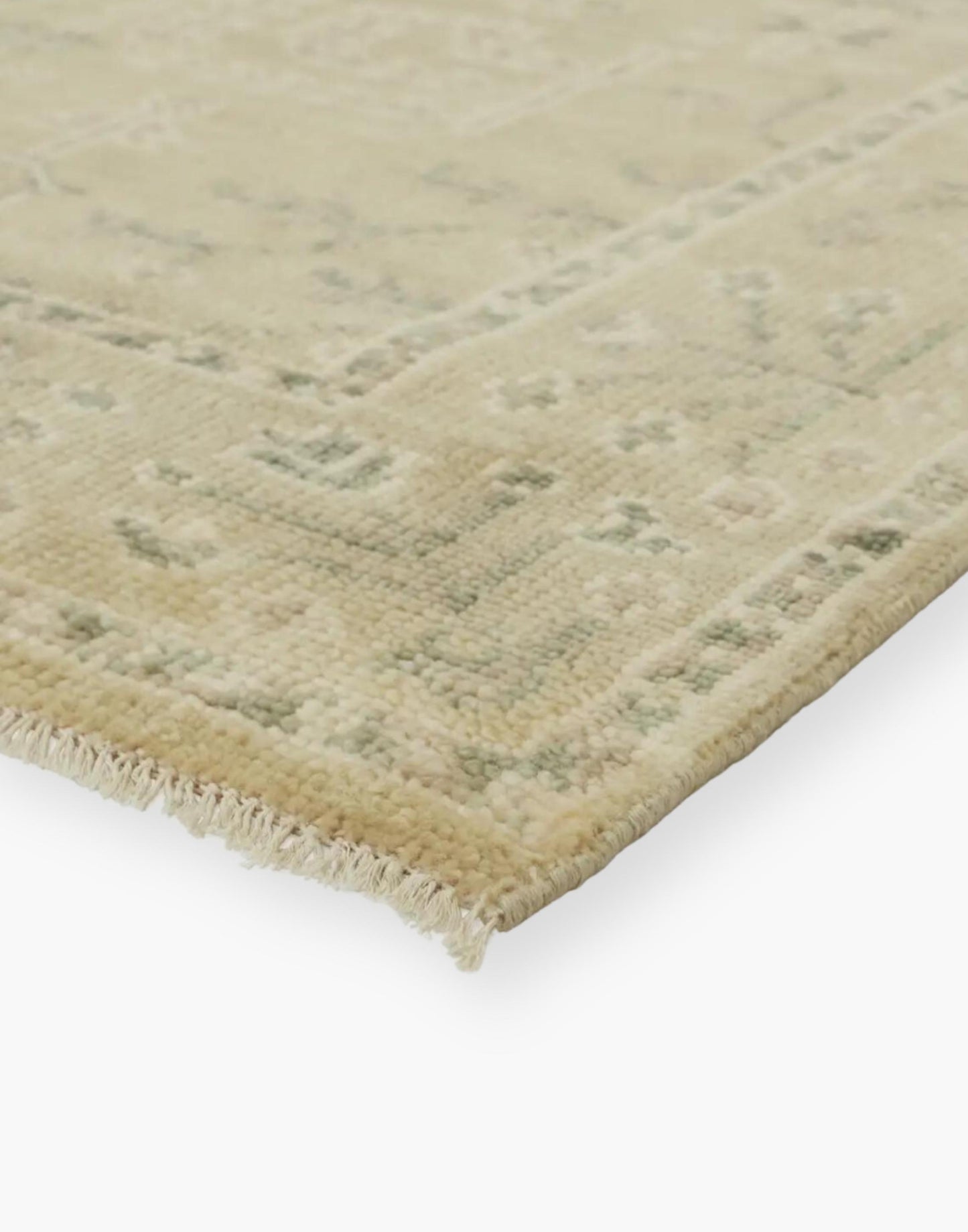 Neutral Timberland Rug - Green-Gray & Cream Hues, Vintage Motifs. Transitional Statement for Your Space.