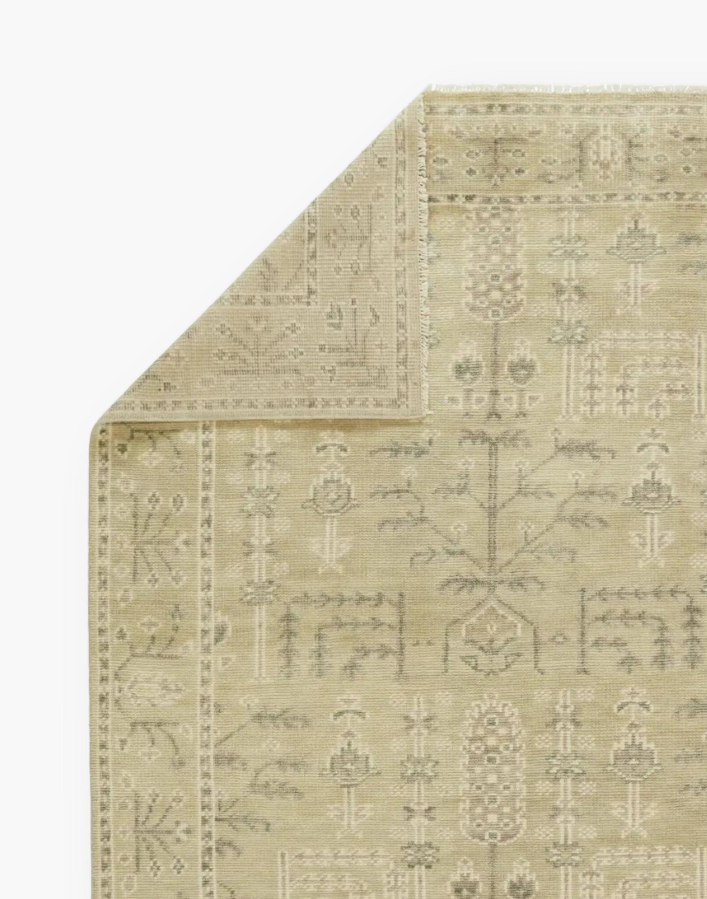Neutral Timberland Rug - Green-Gray & Cream Hues, Vintage Motifs. Transitional Statement for Your Space.