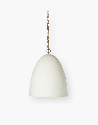 Pendant light with a textured white plaster bell shade and a golden interior.