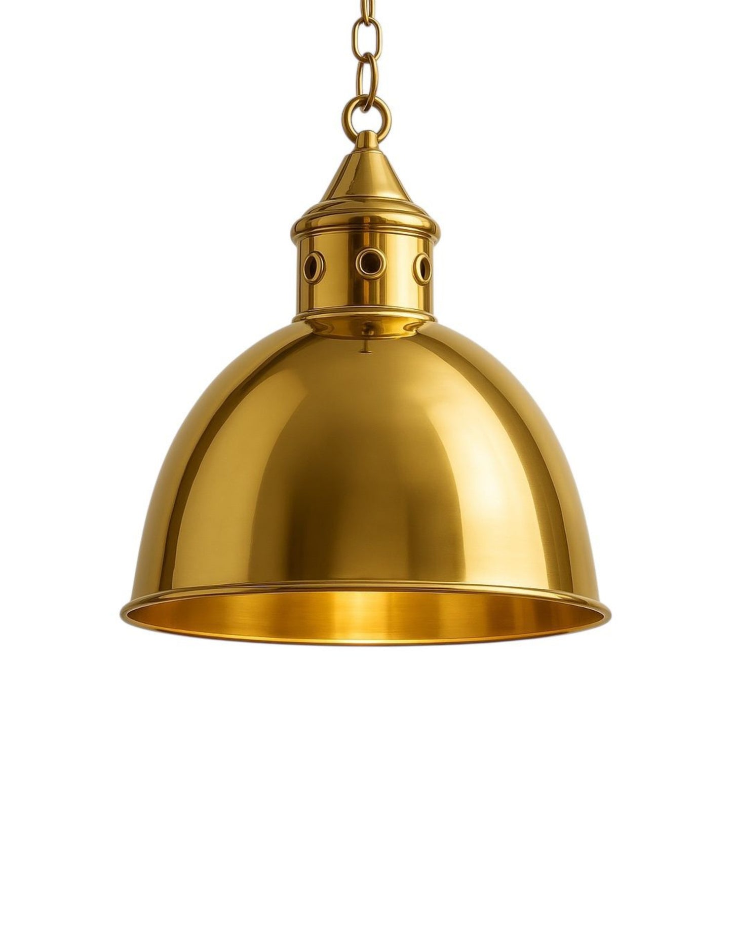 Pendant crafted from solid brass with industrial-inspired silhouette and chain suspension