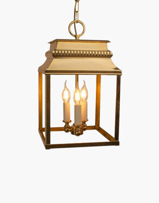 Medium Bordeaux Hanging Lantern in solid brass with intricate fretwork and top detailing, inspired by 19th-century French design. Perfect for indoor and outdoor use, ideal for hallways and stairwells.