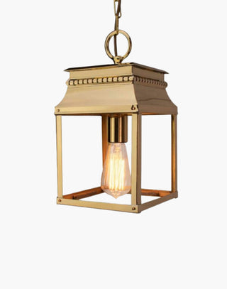 Small Bordeaux Hanging Lantern in solid brass with intricate fretwork and top detailing, inspired by 19th-century French design. Ideal for hallways, stairwells, and as an elegant over-counter light.