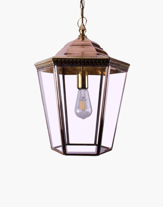 Large Chelsea Pendant Lantern made from solid copper with brass and beveled glass, designed in the classic Georgian style. Includes 500mm chain and ceiling rose, perfect for period halls, porches, and exterior lighting.