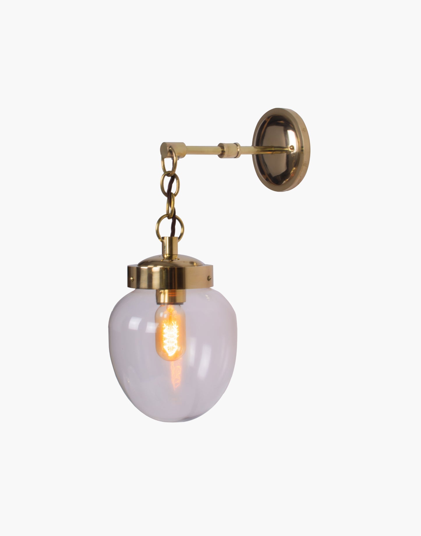 Solid brass mid-century wall light with clear or opal glass, T45 filament bulb compatible, suitable for covered outdoor and IP44 bathroom Zone 2 use.