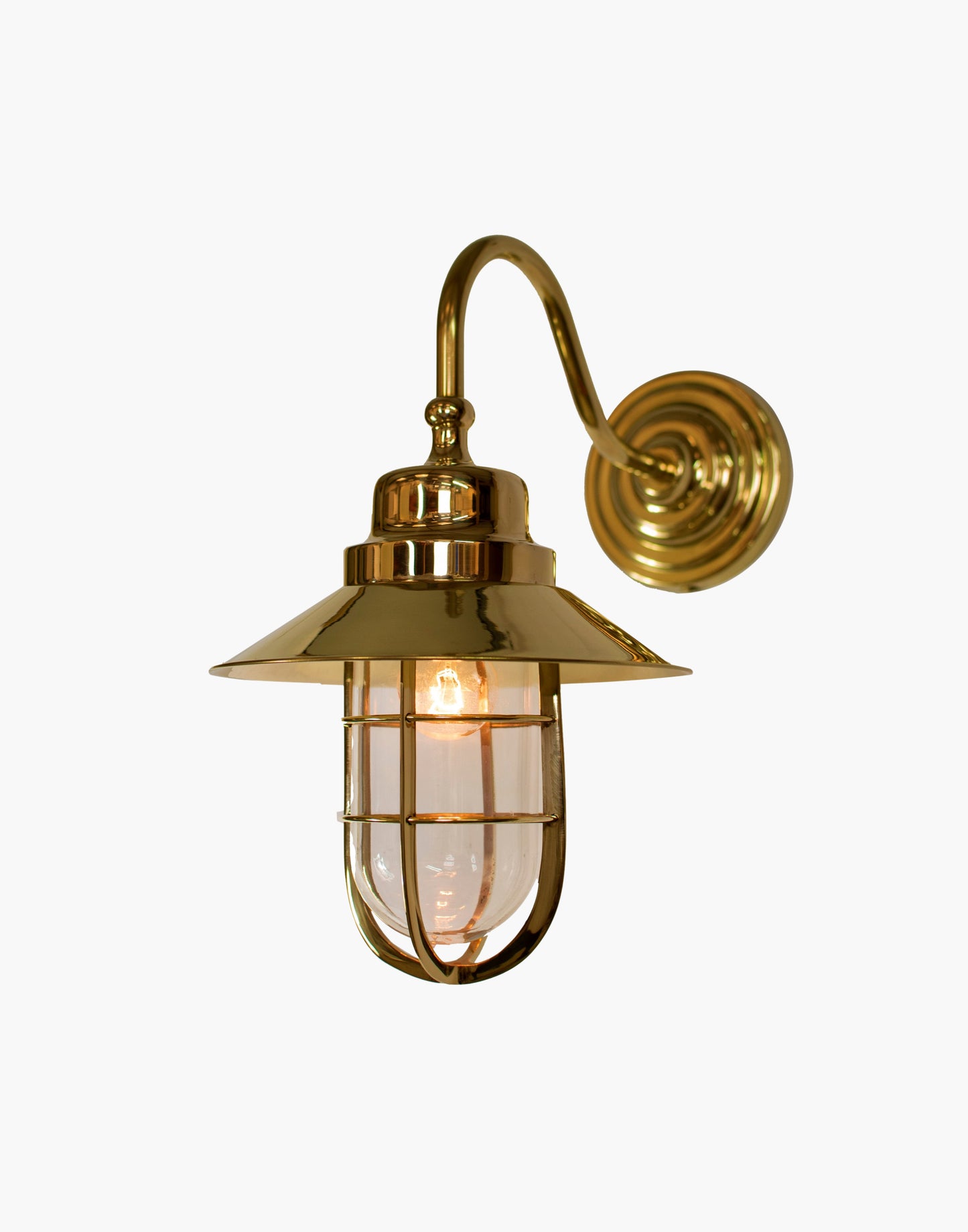 Wall Light C1915 in solid brass with clear or frosted glass, nautical wet-rated wall light for bathrooms or exterior use.
