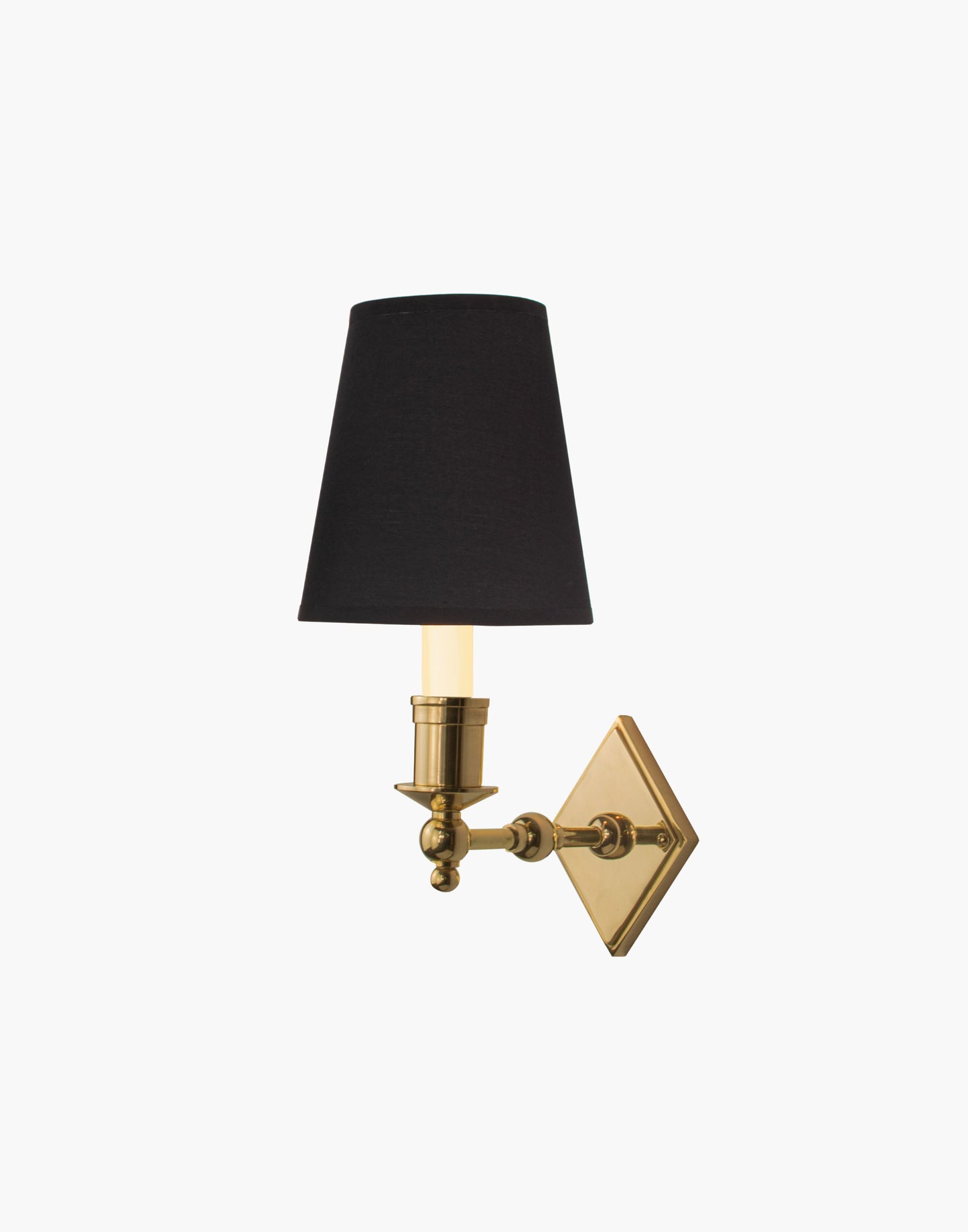 Brass wall sconce with diamond-shaped scalloped backplate and optional shade, cast and machined brass wall light.