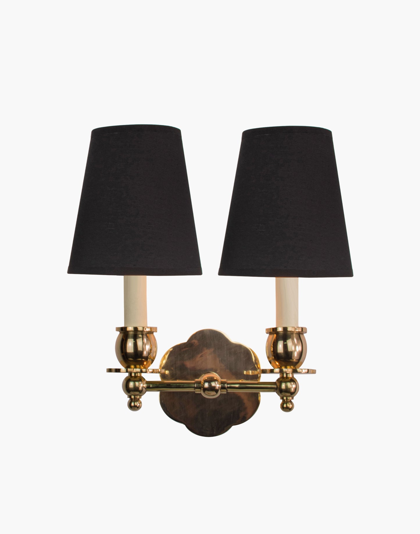 Twin Wall Sconce in solid brass with petal-shaped backplate and optional D6/D6G shades, transitional style for traditional and contemporary interiors.