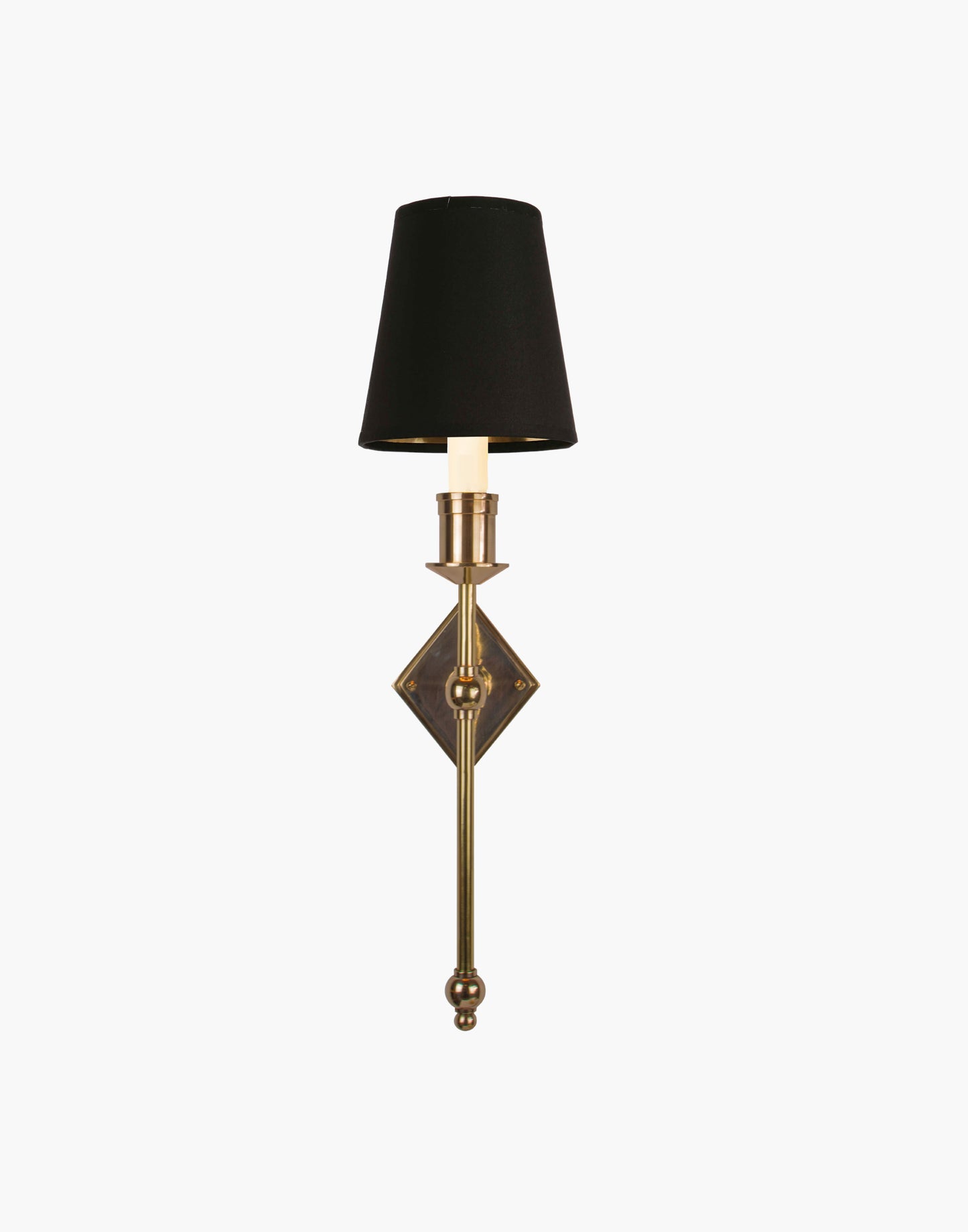 Wall sconce in cast and machined brass with diamond-shaped scalloped backplate and optional shade.