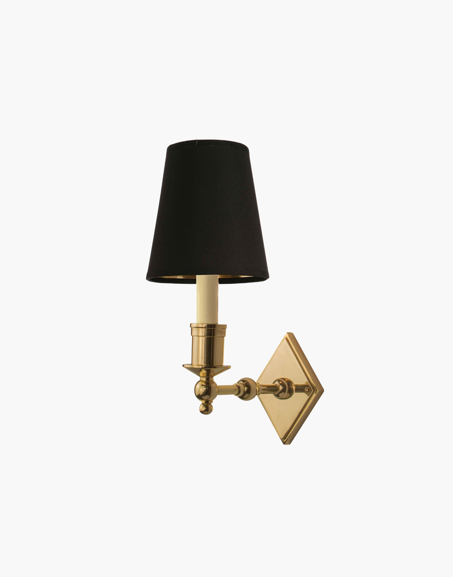 Brass wall sconce with diamond-shaped scalloped backplate and optional shade, cast and machined brass wall light.