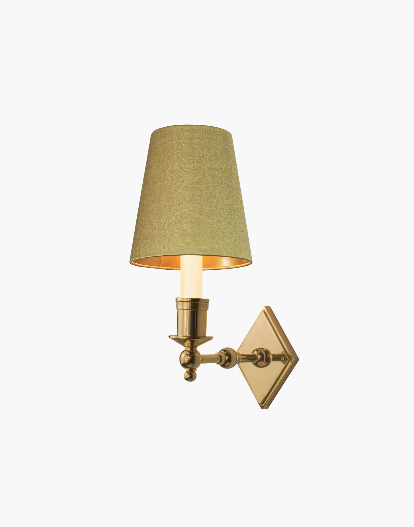 Brass wall sconce with diamond-shaped scalloped backplate and optional shade, cast and machined brass wall light.