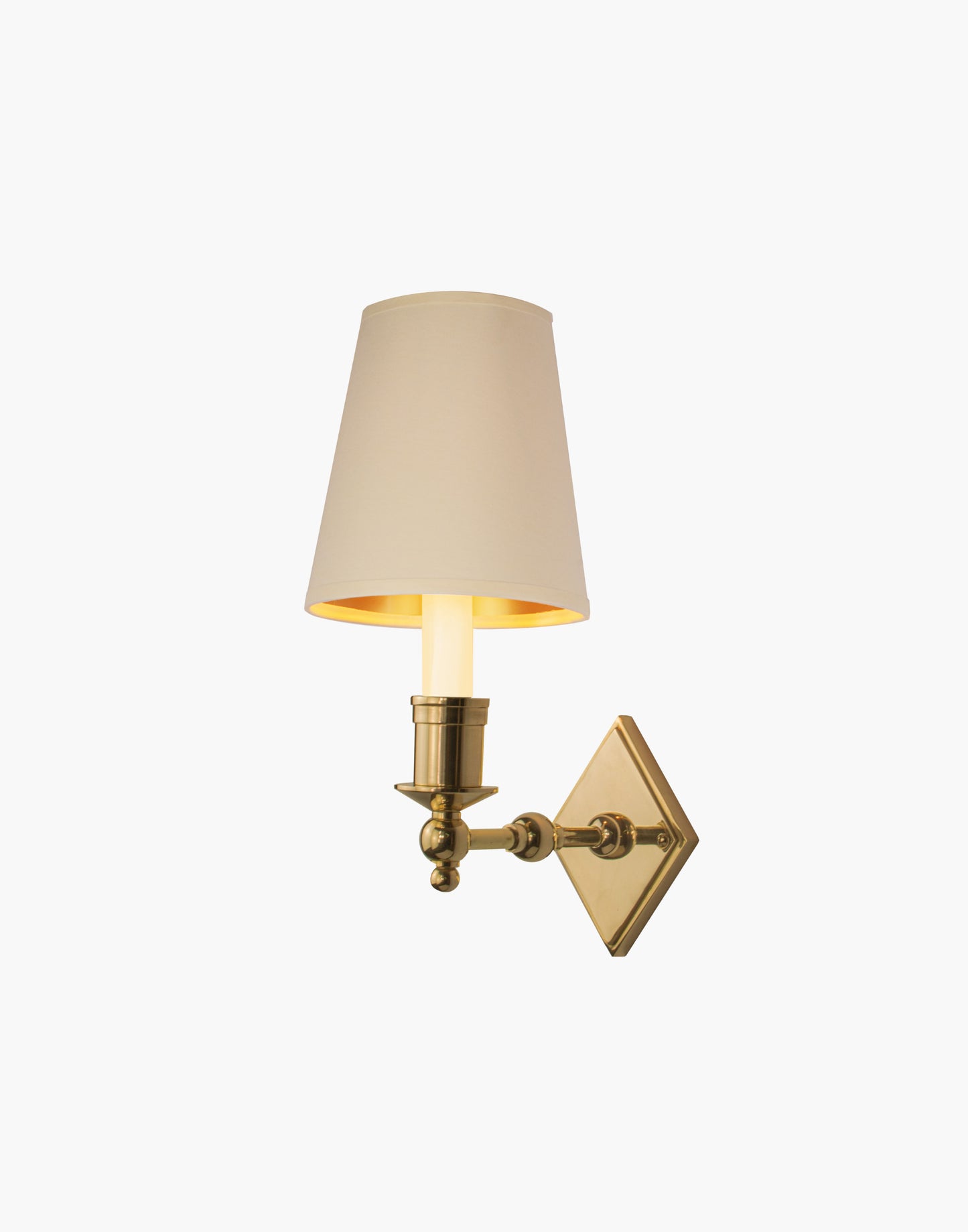 Brass wall sconce with diamond-shaped scalloped backplate and optional shade, cast and machined brass wall light.