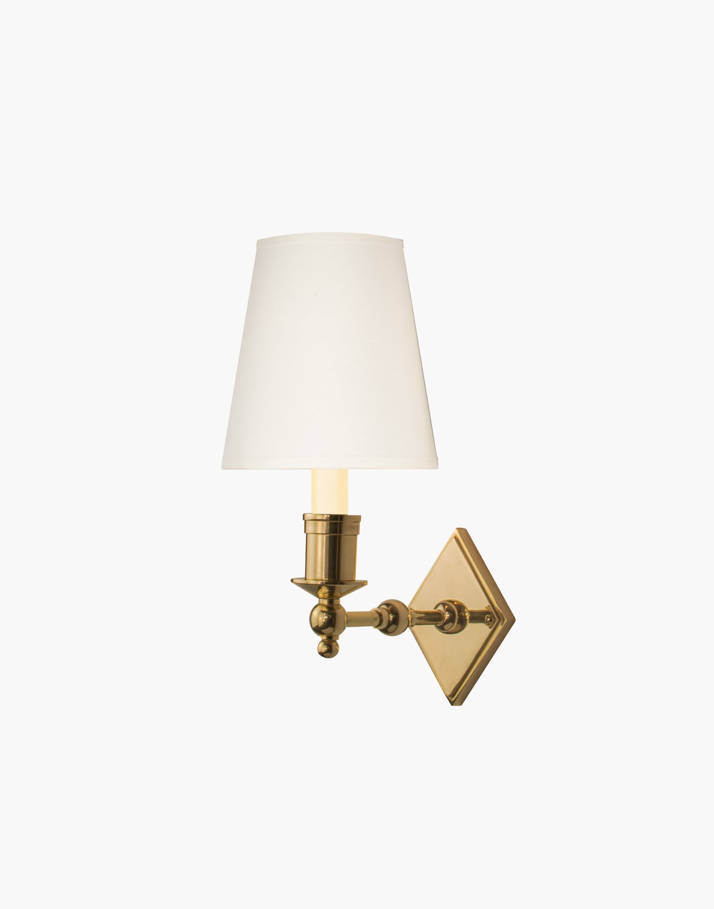 Brass wall sconce with diamond-shaped scalloped backplate and optional shade, cast and machined brass wall light.
