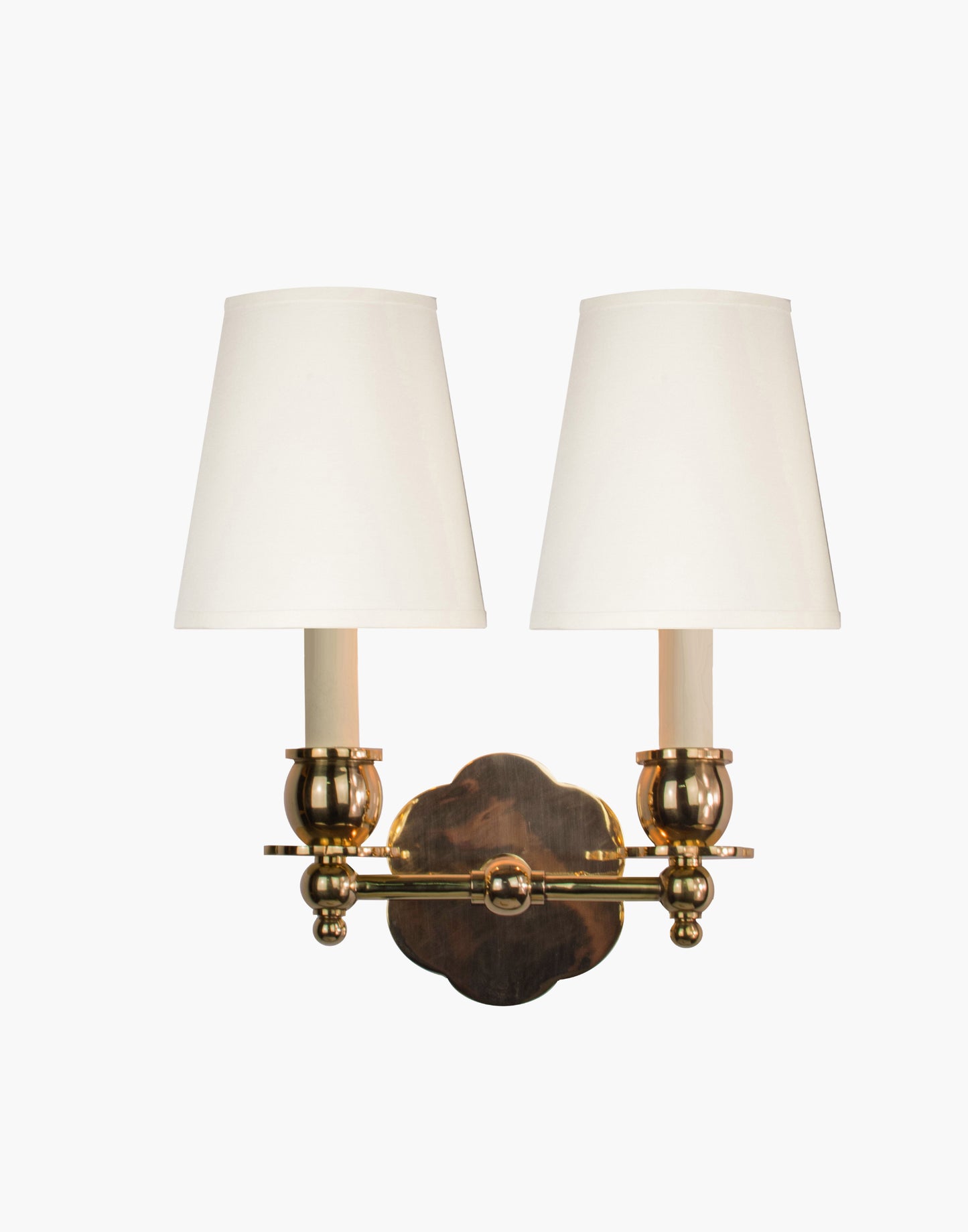 Twin Wall Sconce in solid brass with petal-shaped backplate and optional D6/D6G shades, transitional style for traditional and contemporary interiors.
