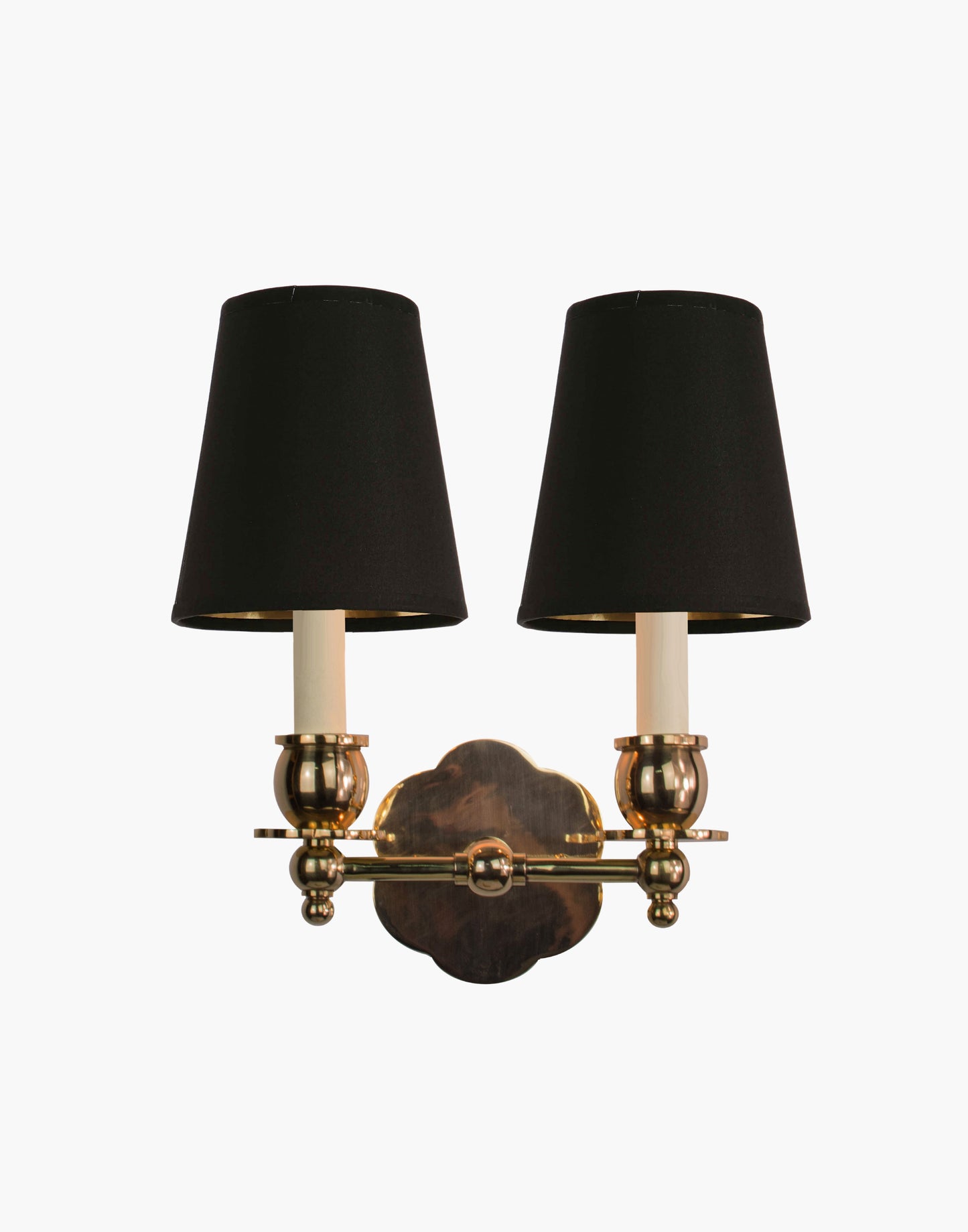 Twin Wall Sconce in solid brass with petal-shaped backplate and optional D6/D6G shades, transitional style for traditional and contemporary interiors.