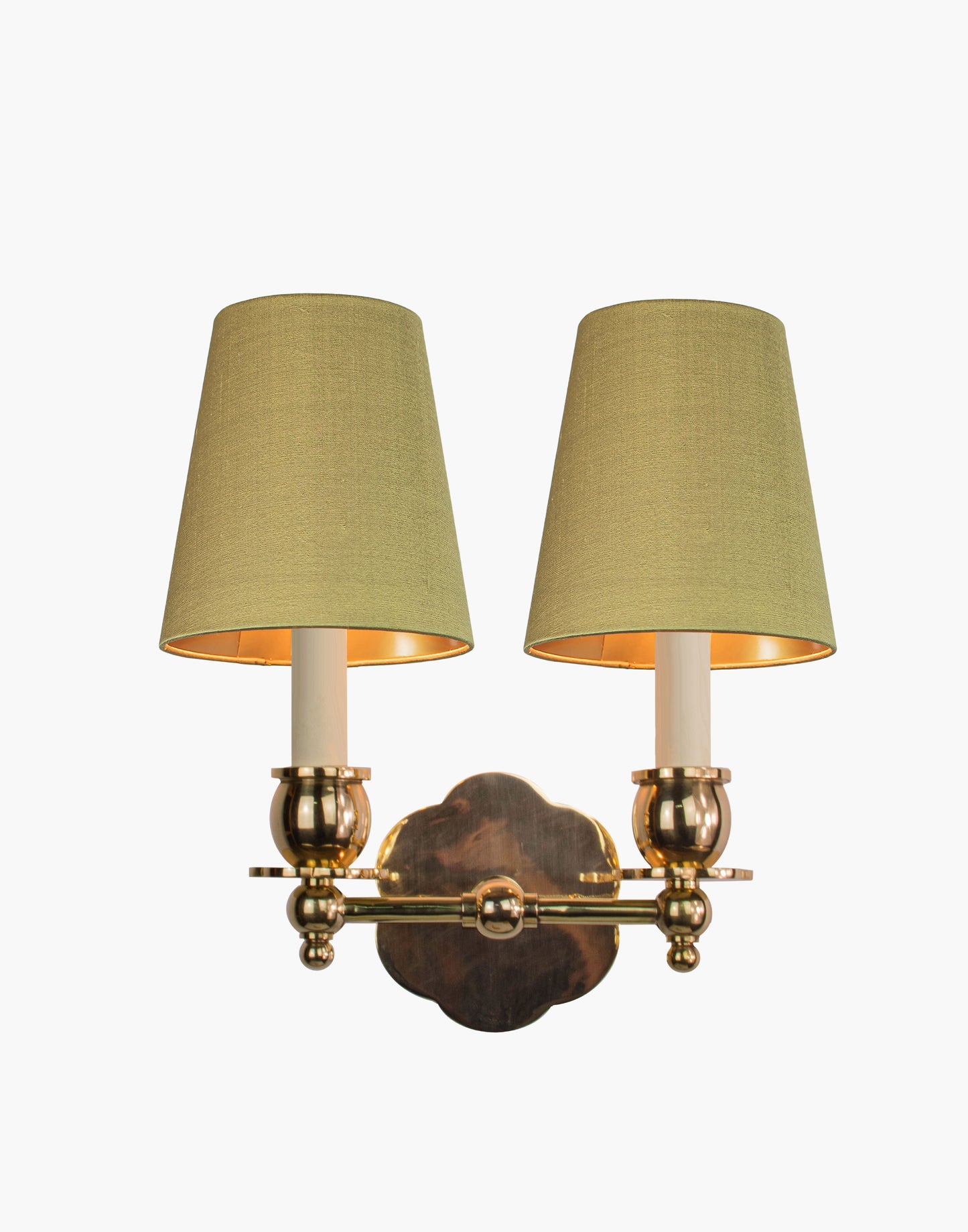 Twin Wall Sconce in solid brass with petal-shaped backplate and optional D6/D6G shades, transitional style for traditional and contemporary interiors.