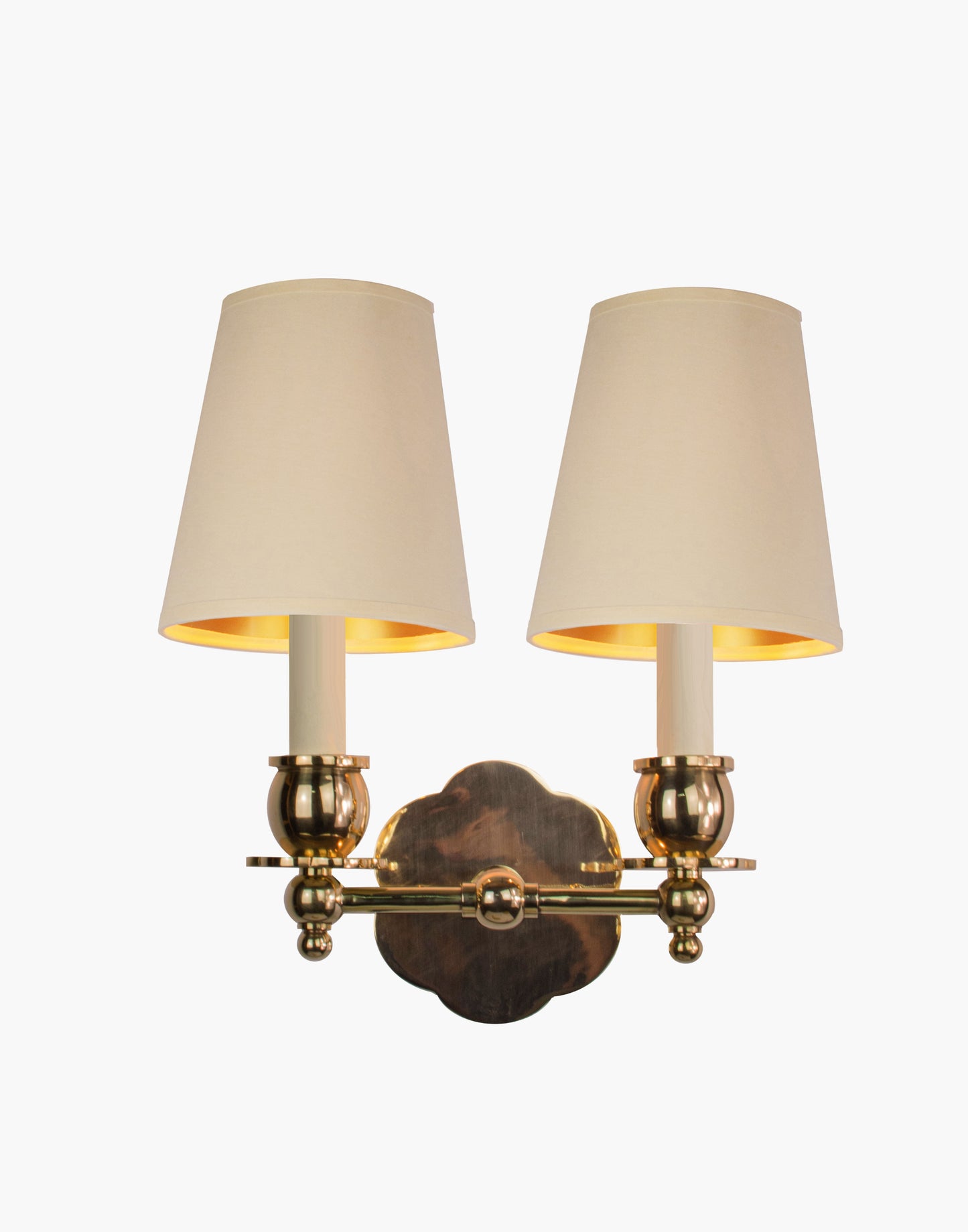 Twin Wall Sconce in solid brass with petal-shaped backplate and optional D6/D6G shades, transitional style for traditional and contemporary interiors.