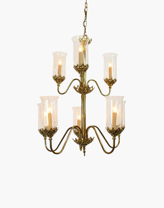 Gothic Eight Arm Chandelier in cast brass, inspired by a 19th-century chandelier from County Cork, Ireland. Includes Clear Storm Glasses, 19.5″ of chain, and ceiling hook, ideal as a statement centerpiece in historic or private residences.