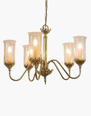 Gothic Five Arm Chandelier in cast brass, inspired by a 19th-century chandelier from County Cork, Ireland. Includes Clear Storm Glasses, 500mm chain, and ceiling hook, perfect as a statement centerpiece in historic and private settings.