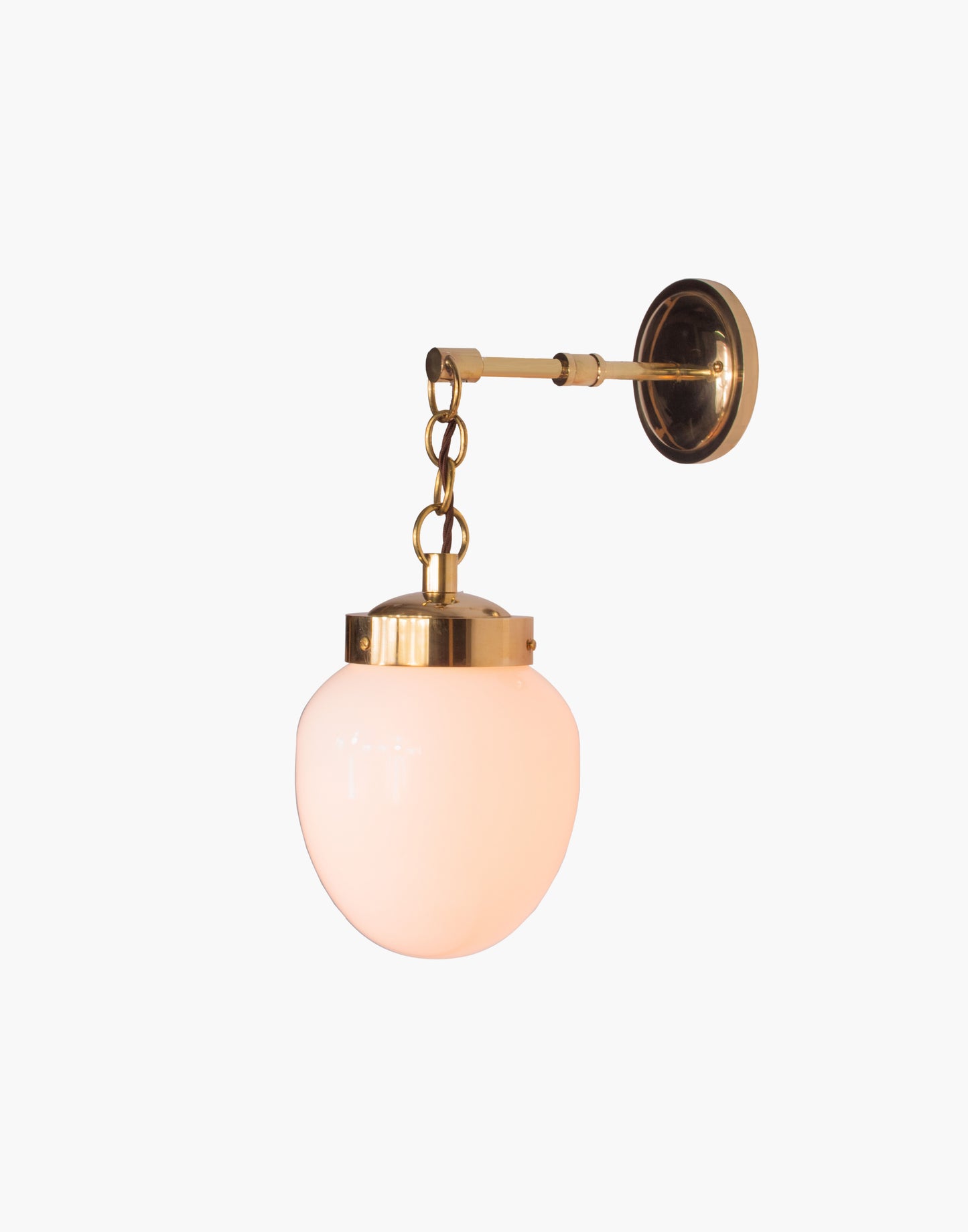 Solid brass mid-century wall light with clear or opal glass, T45 filament bulb compatible, suitable for covered outdoor and IP44 bathroom Zone 2 use.