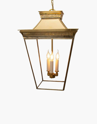 Large Pagoda Pendant in solid brass with pierced fretwork and a Pagoda-style roof. Inspired by Far Eastern Colonial design, perfect for traditional interiors. Includes 500mm chain and ceiling canopy.