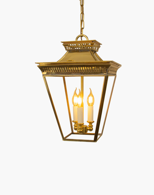 Pendant in solid brass with two-tier pierced fretwork and pagoda roof design, 3-light damp-rated hanging lantern