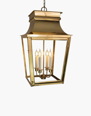 Extra-large Parisienne Hanging Lantern in solid brass with intricate fretwork, inspired by classic French architecture. Perfect for entrance porches and grand hallways. Includes 19.5″ chain and ceiling plate, with extra chain available.