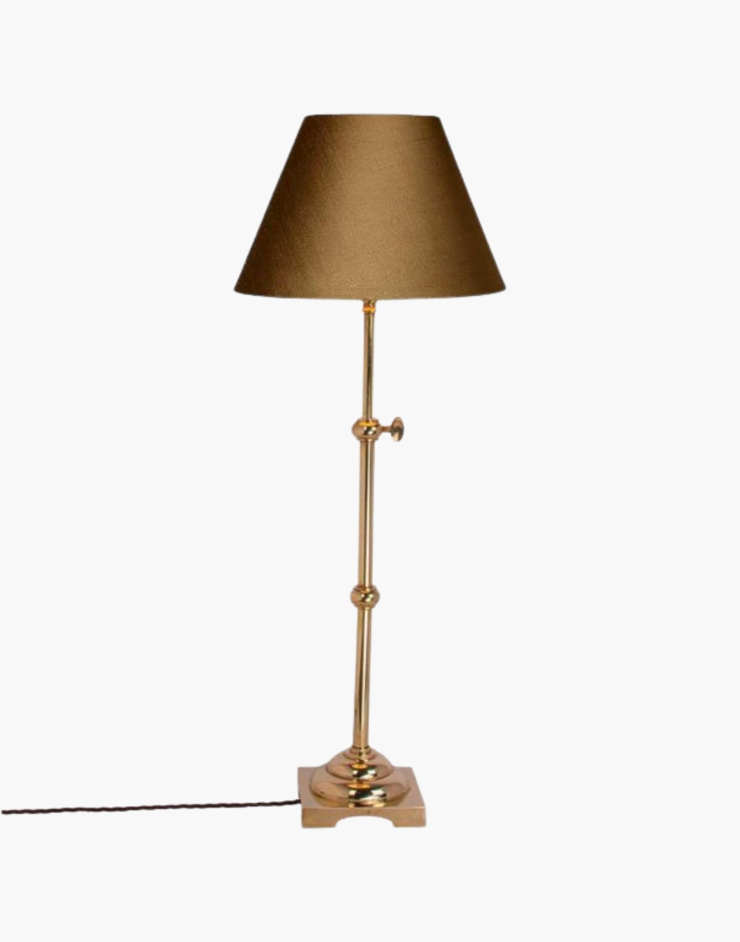Pullman Lamp in solid brass, inspired by 1930s–1940s Pullman railway dining cars. Adjustable height with customizable finishes and shade options. Elegant and timeless design.