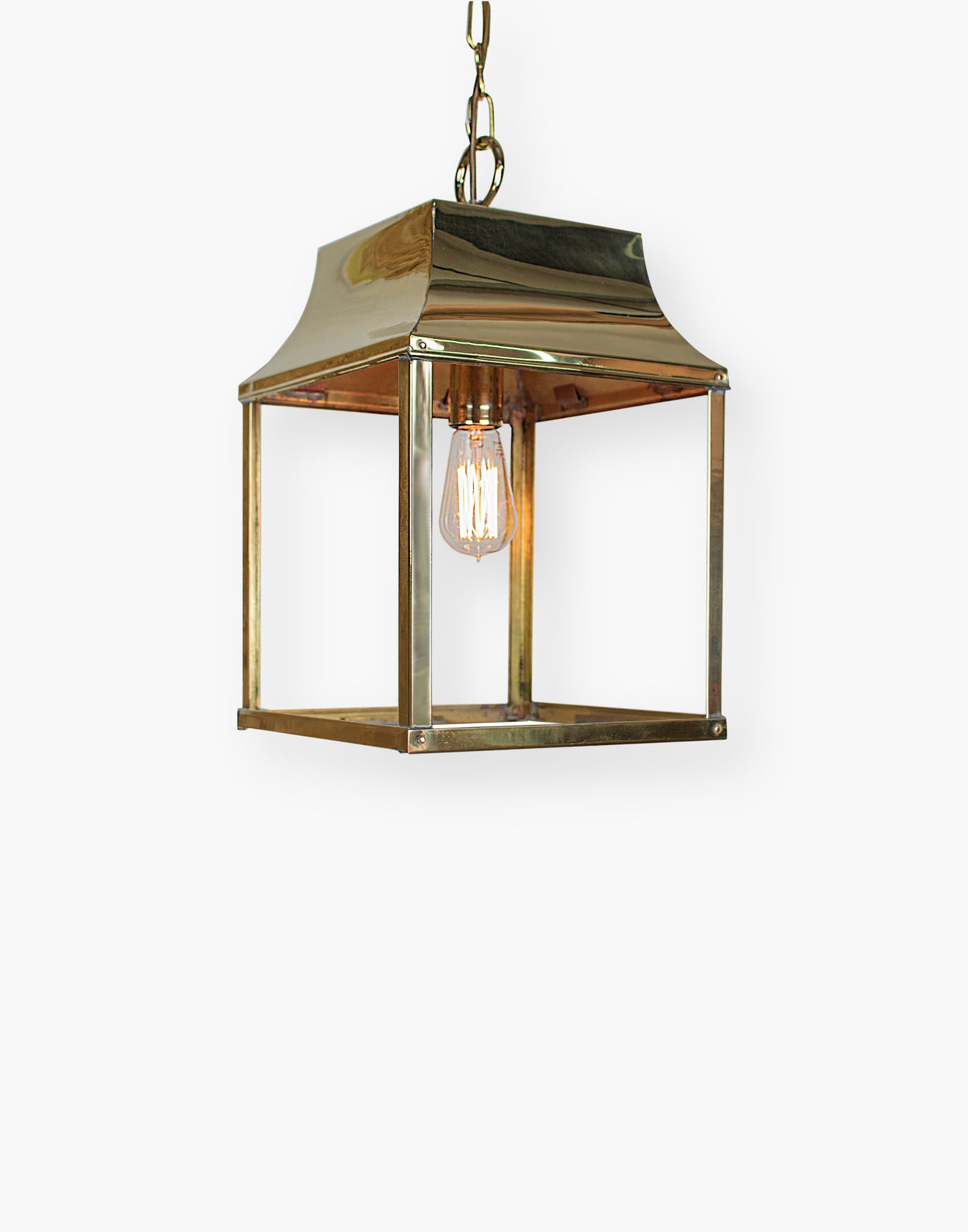 Hanging Lantern in solid brass, French farmhouse style, suitable for porch, hallway, or stairwell, part of a three-size lantern collection.