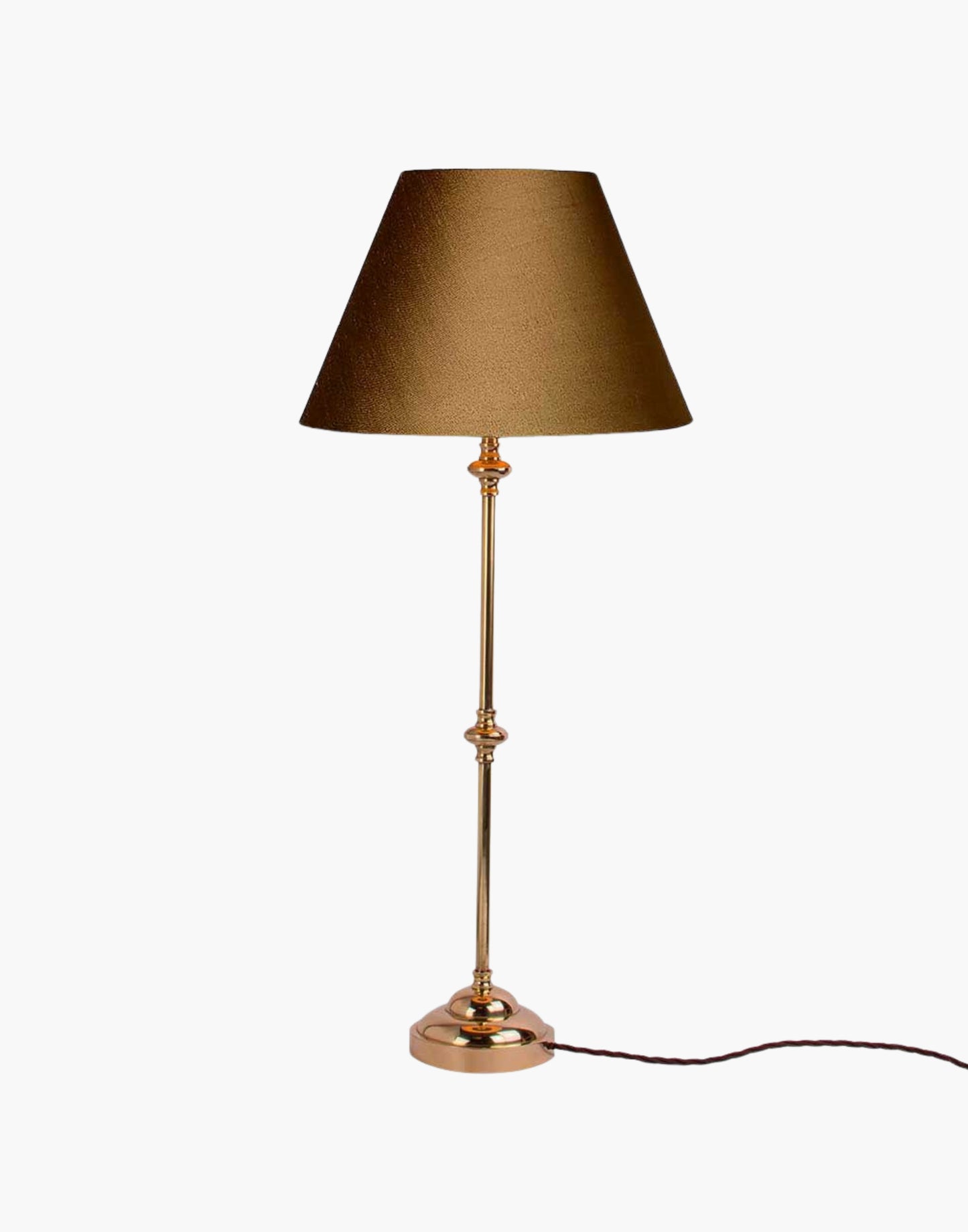 Solid brass table lamp with narrow profile, classic period console lamp available with or without shade.