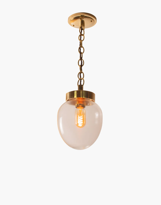 Solid brass pendant light with clear or opal glass, mid-century style hanging light compatible with T45 filament bulb, suitable for covered outdoor use.