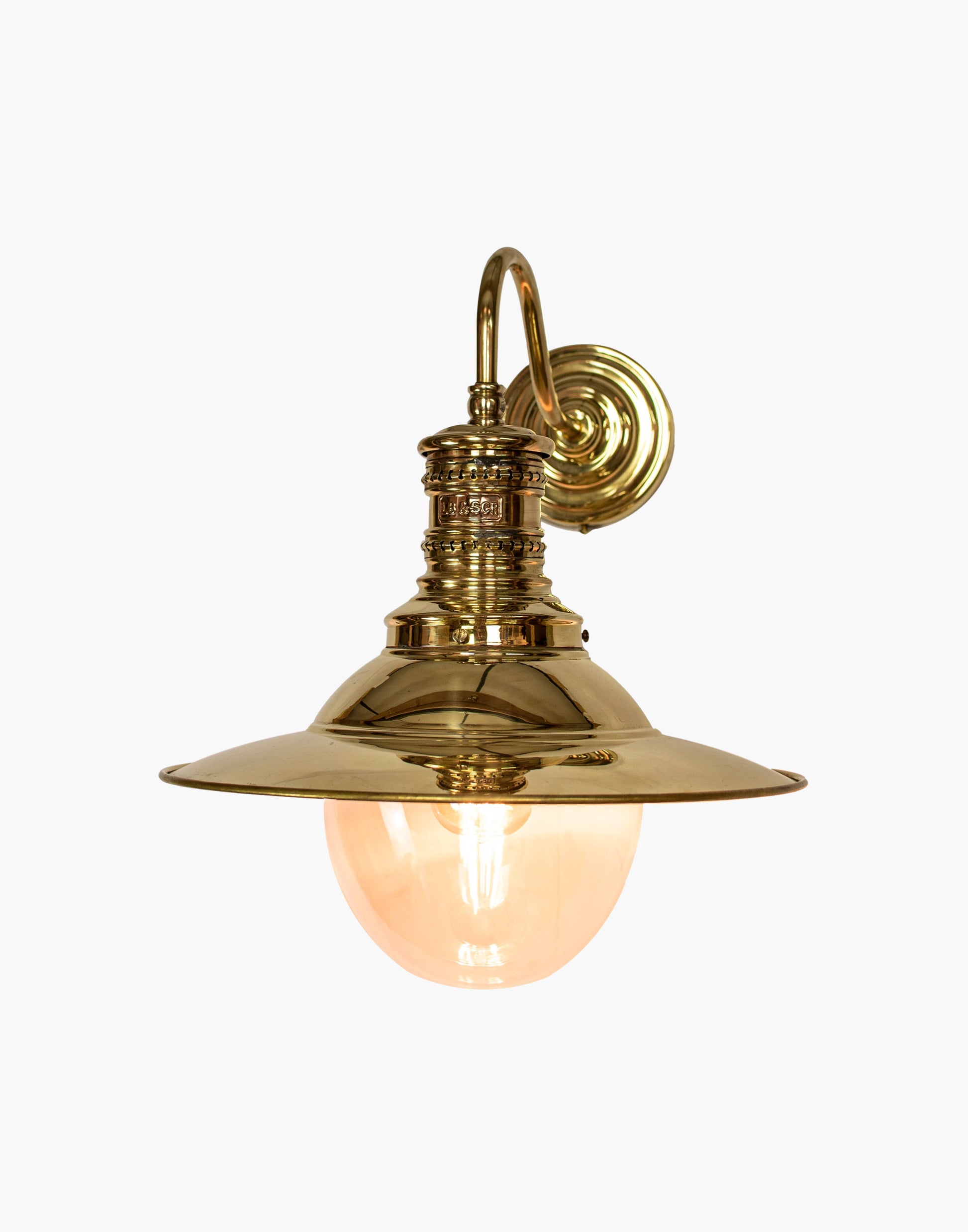 Wall lamp in solid brass with copper LBSCR label, replica railway station wall light from Victoria Station London, available in clear or opal glass.