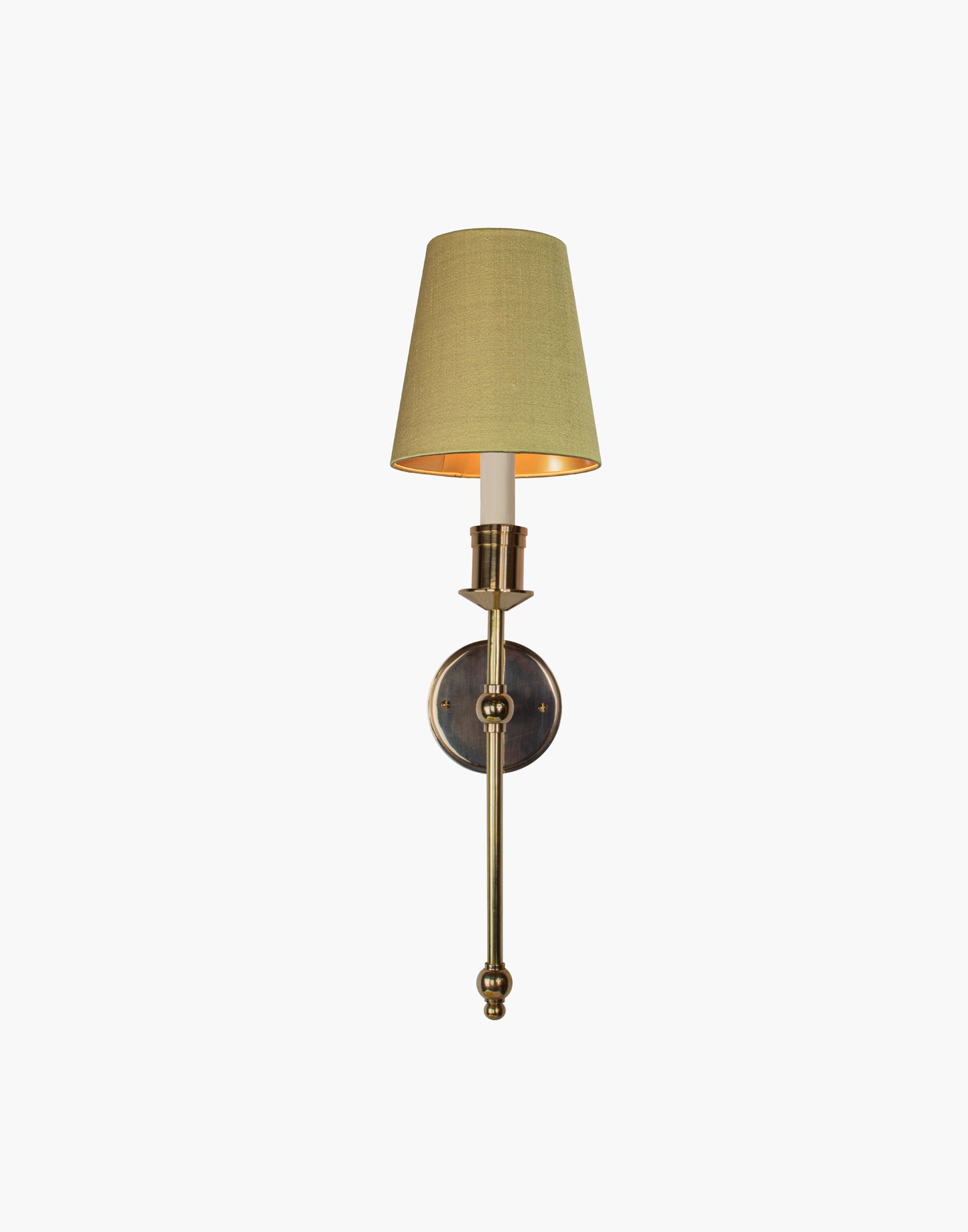 Tall Wall Sconce single arm in solid brass with optional D6 or D6G shade mounted on wall