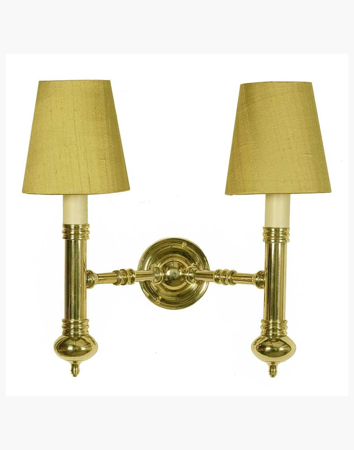 Twin Wall Sconce in cast brass, compact period-style double wall light creating warm ambient illumination.