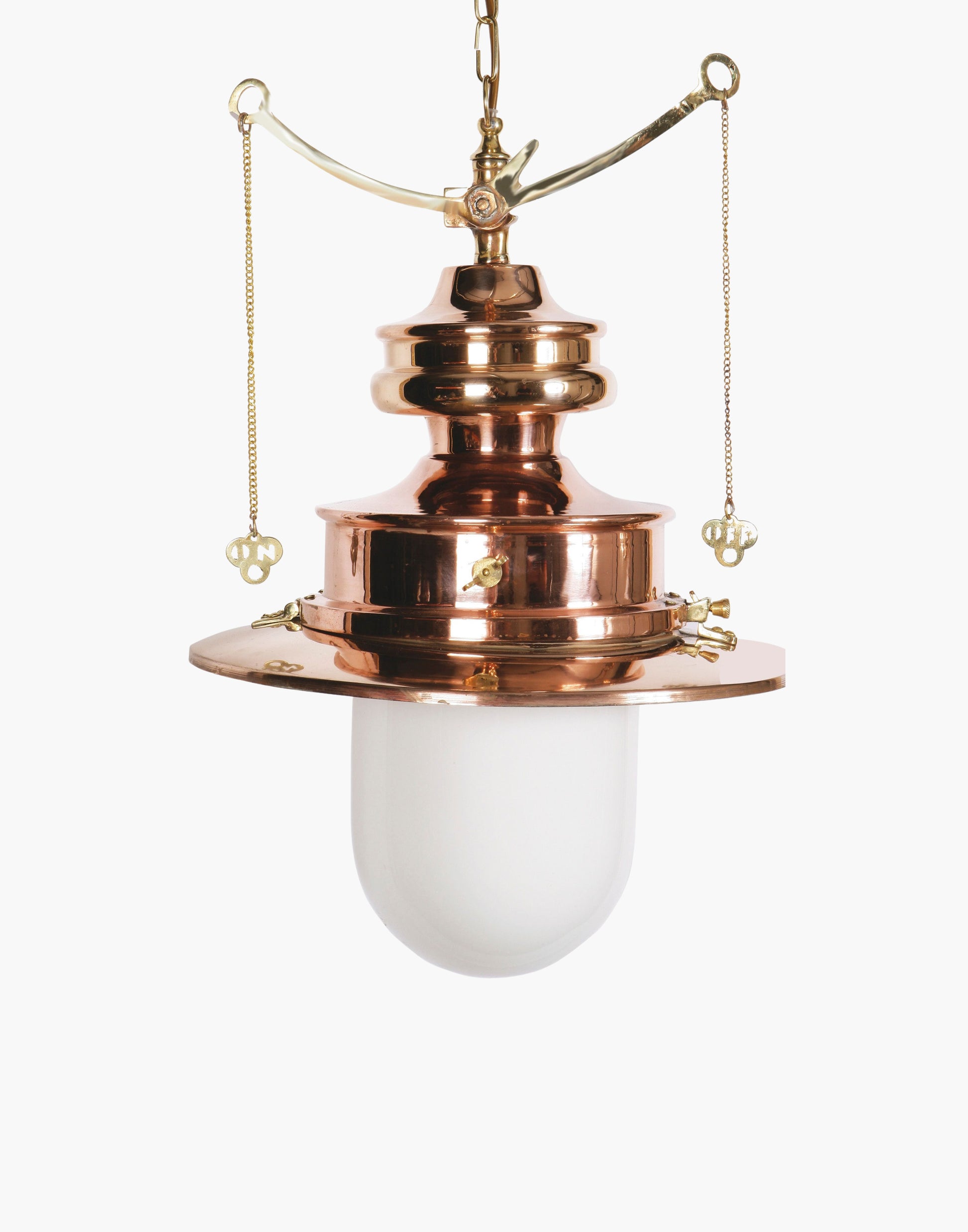 Pendant C1890 in solid copper with brass detail, replica railway station gas light with pull chains, available in clear or opal glass