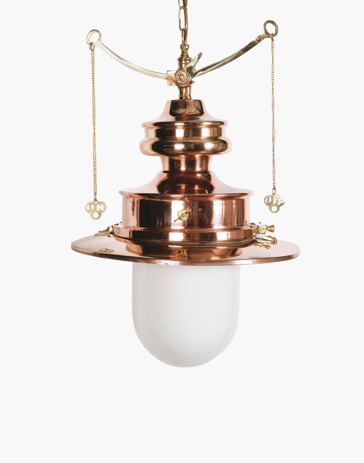 Pendant C1890 in solid copper with brass detail, replica railway station gas light with pull chains, available in clear or opal glass
