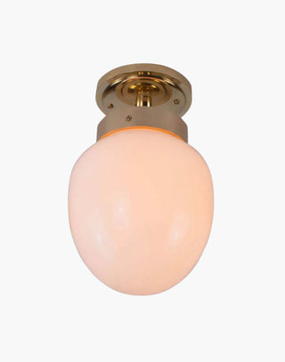 Charleston Flush Light in solid brass with mid-century design, available in five finishes with clear or opal glass. IP44-rated for Zone 2 bathrooms and covered outdoor areas.