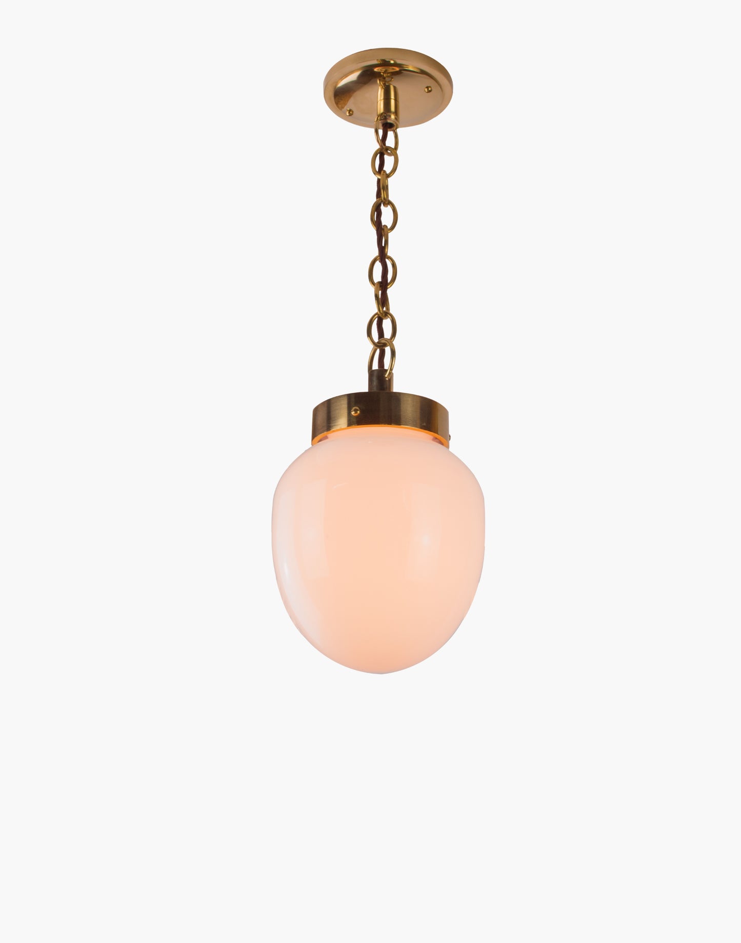 Solid brass pendant light with clear or opal glass, mid-century style hanging light compatible with T45 filament bulb, suitable for covered outdoor use.