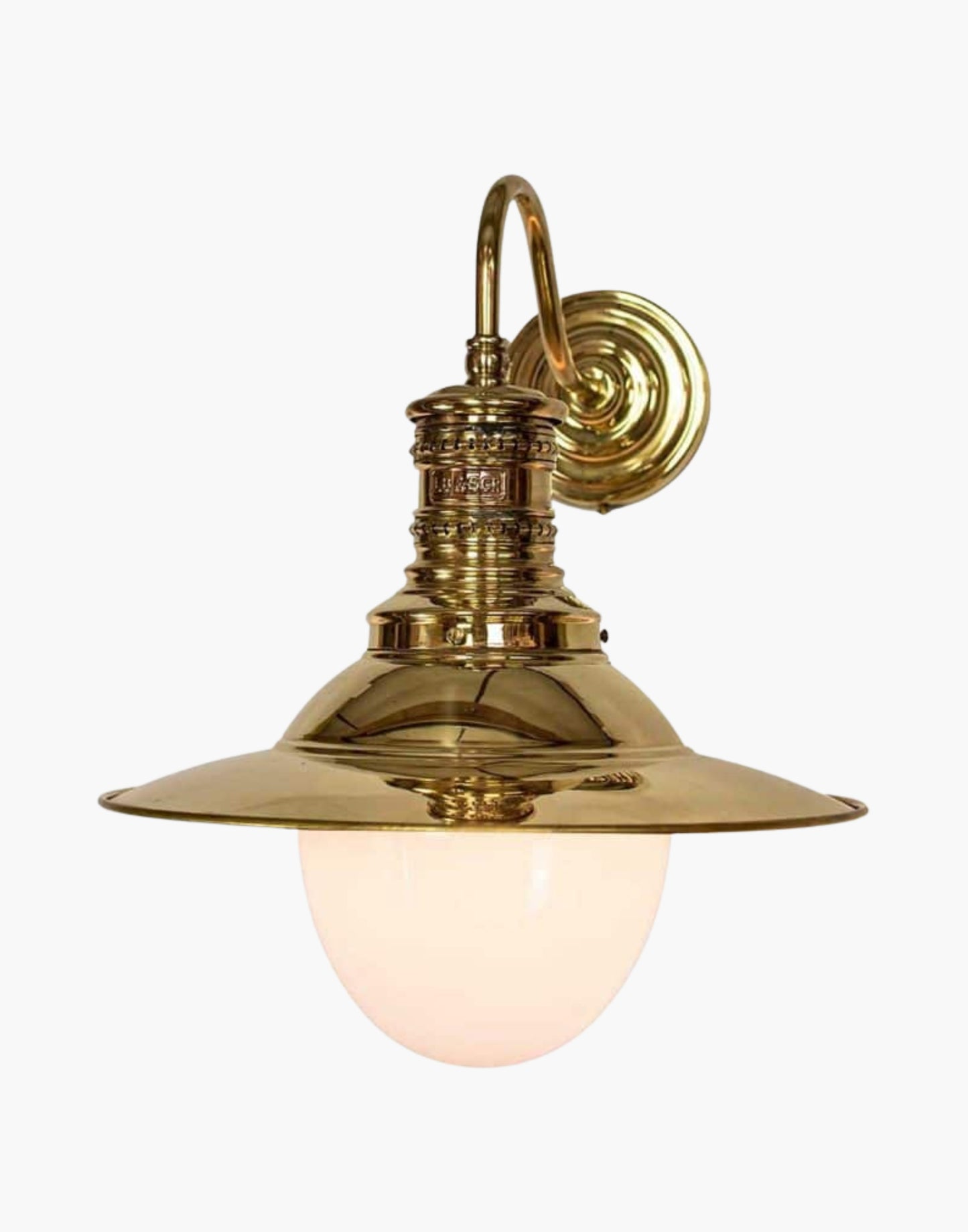 Wall lamp in solid brass with copper LBSCR label, replica railway station wall light from Victoria Station London, available in clear or opal glass.