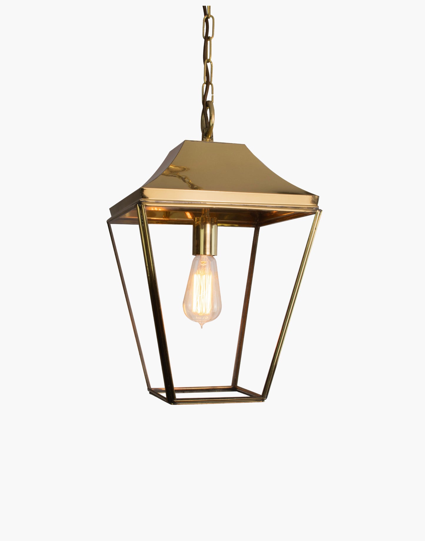 Pendant lantern in solid brass, traditional porch and hall hanging light with chain and canopy.